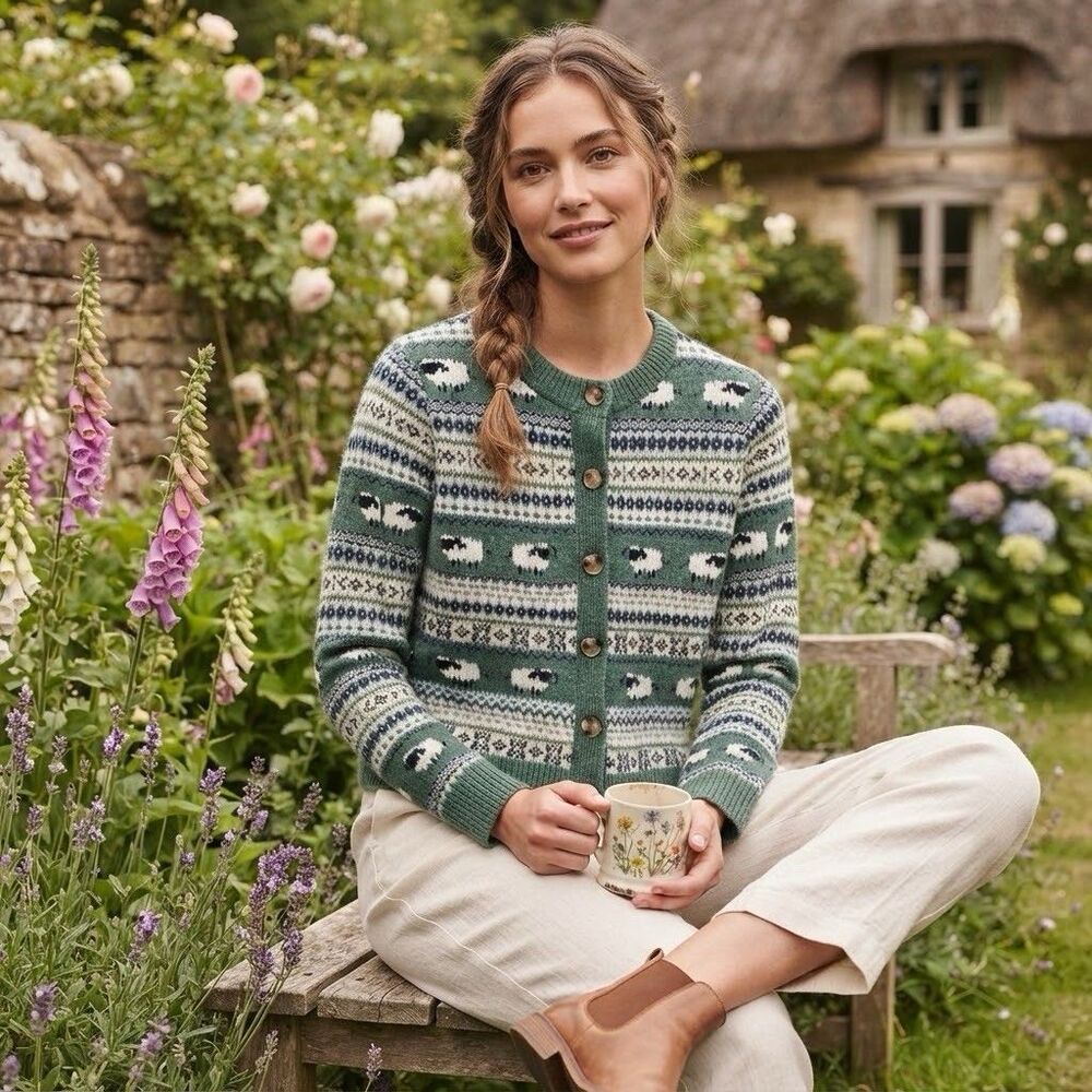 Anthropologie Heartloom Sheep Fair Isle Cardigan sz S Green Cream Farmcore Wool